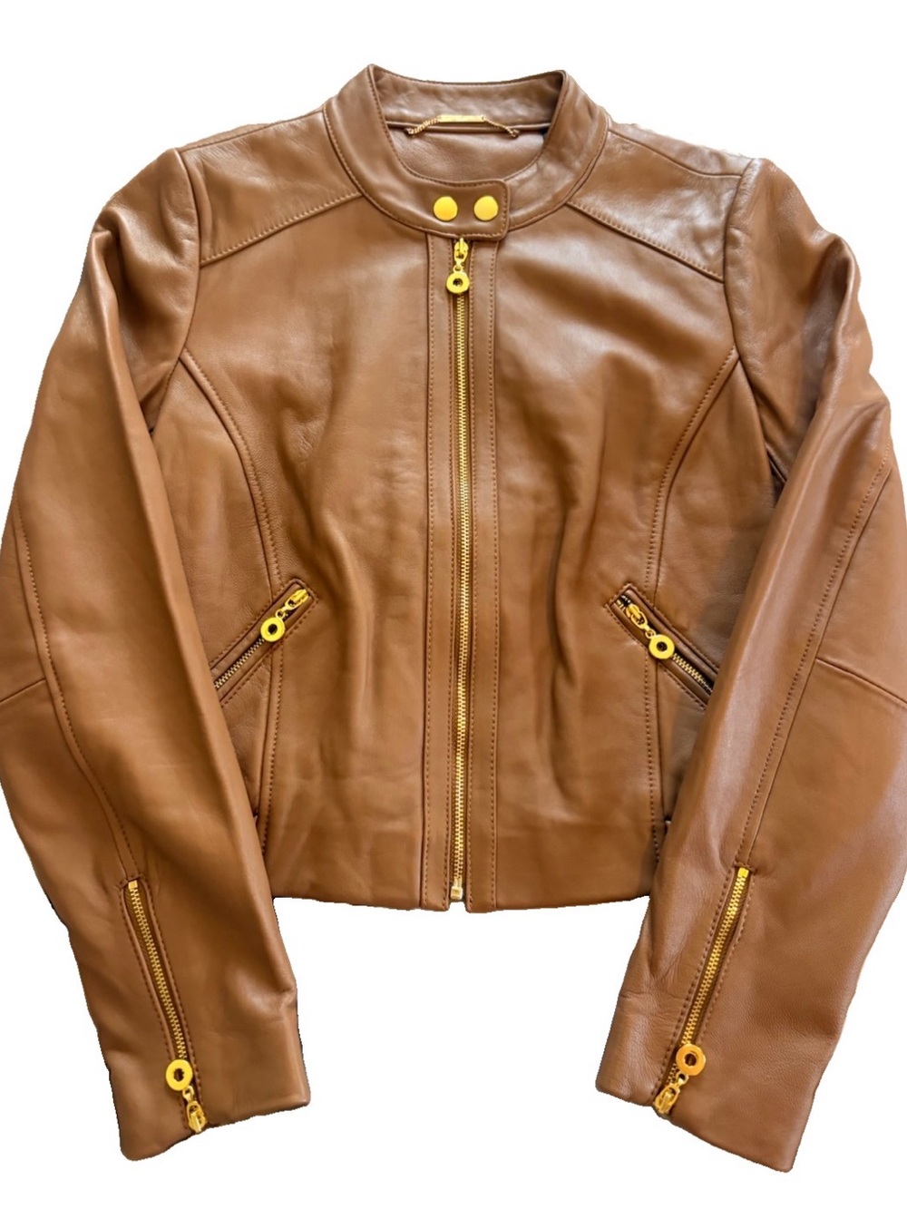 Chicos Black Label Tan Leather Jacket Womens Size 00 Moto Gold Zip Slim